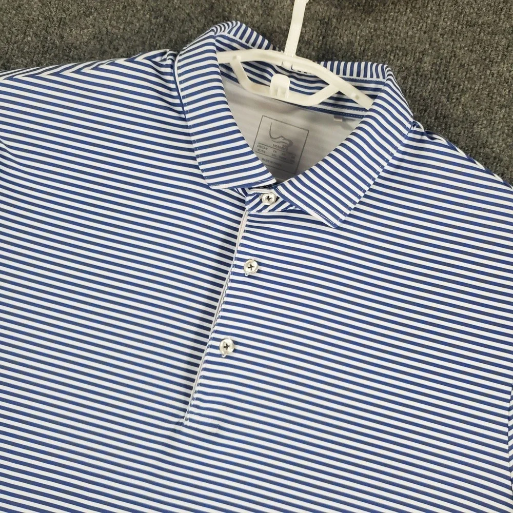EAGEGOF Polo Shirt Men XL Short Sleeve Striped Blue White Stretch Button-Down